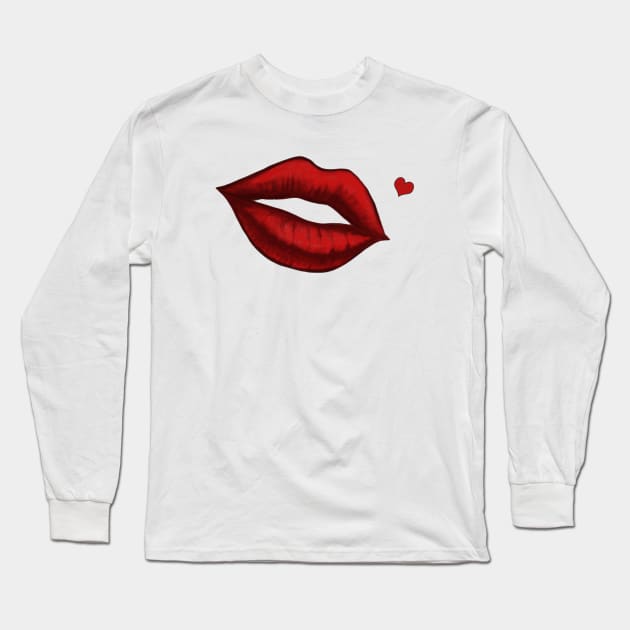 Red Kissing Lips With Heart Shaped Beauty Mark Art Long Sleeve T-Shirt by ckandrus